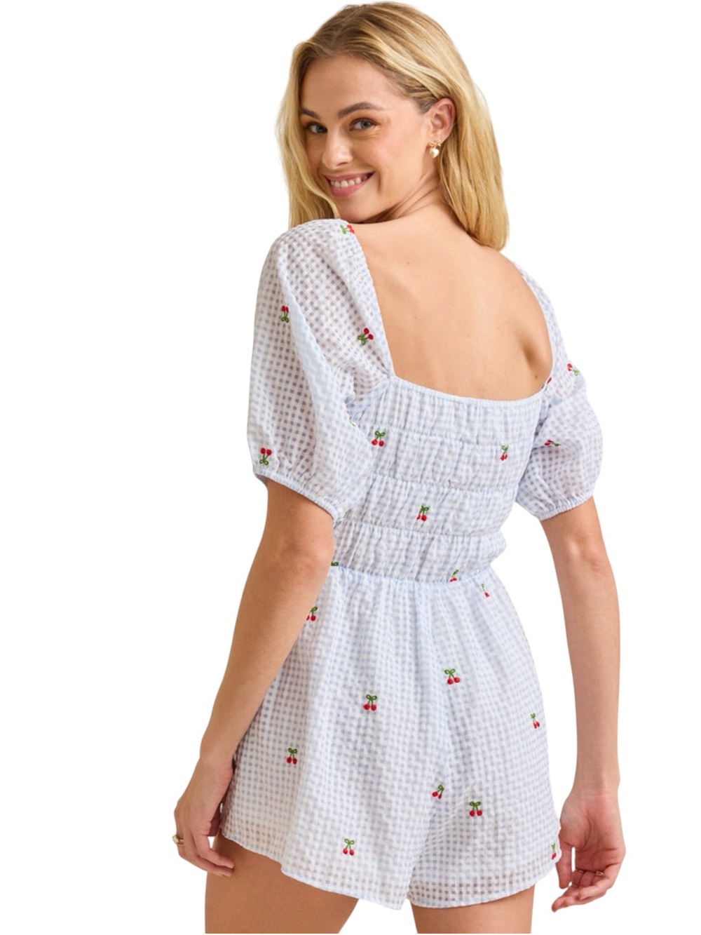🍒NWOT Altar’d State Women’s Natalia Blue White Gingham Cherry Print Romper | L